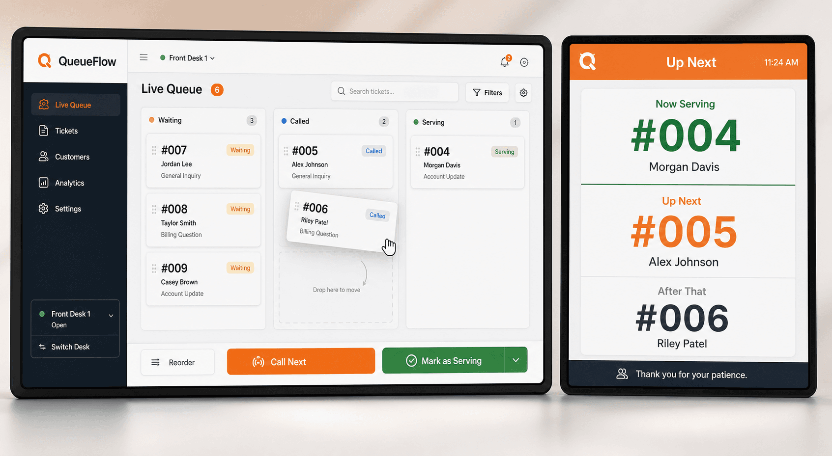 QueueFlow live queue and up-next display product showcase