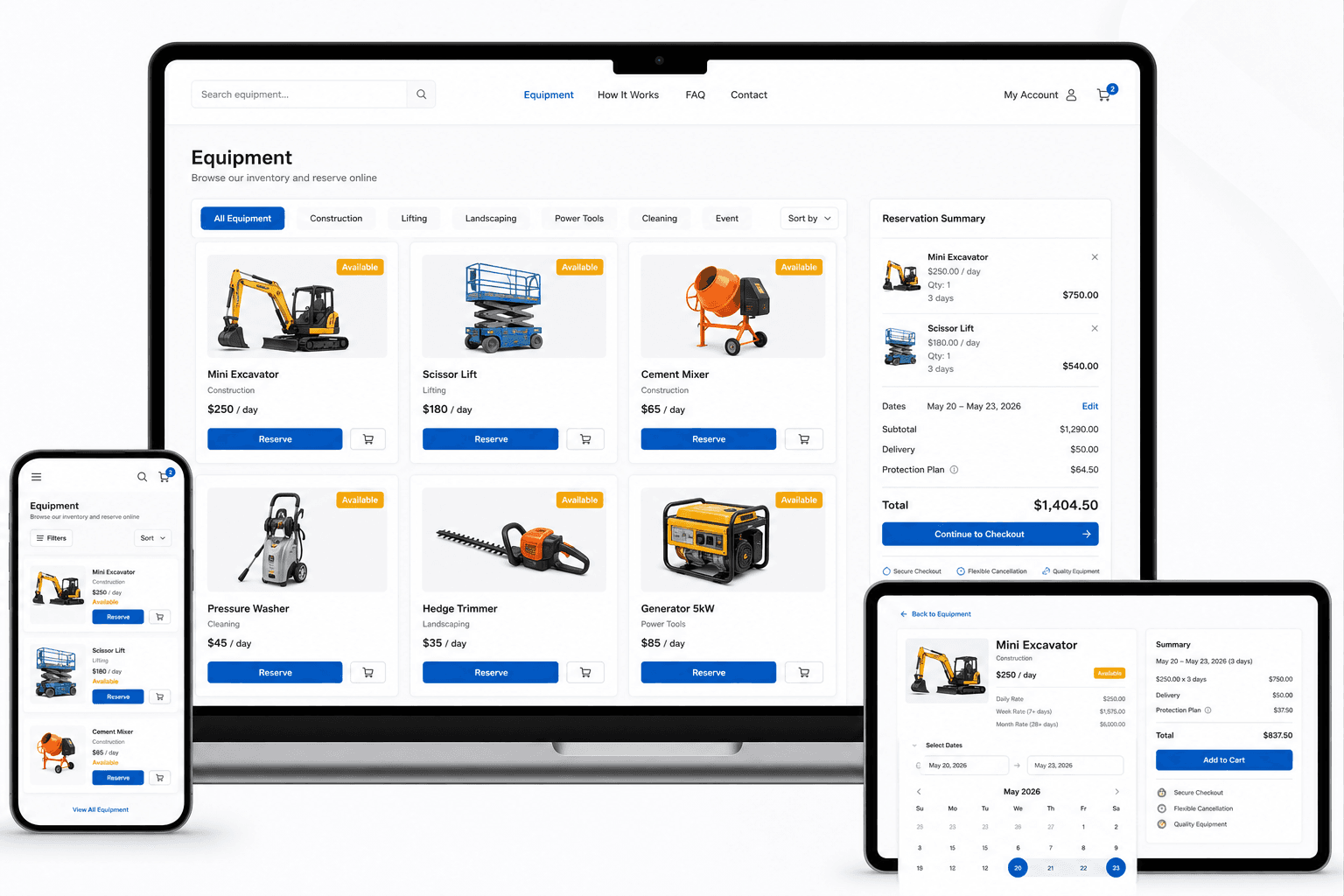 RentFlow public equipment rental catalog product showcase
