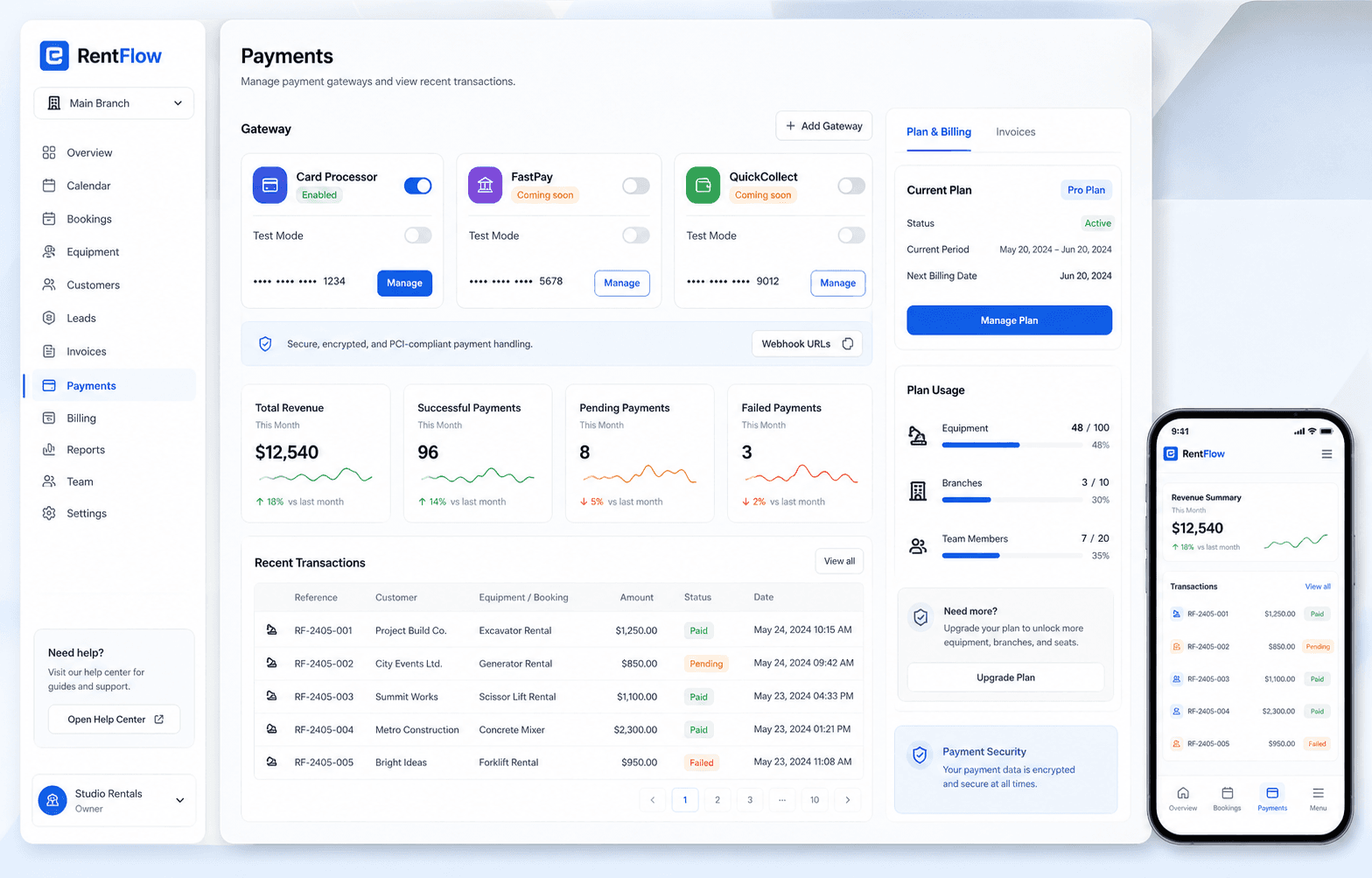 RentFlow payments and billing product showcase